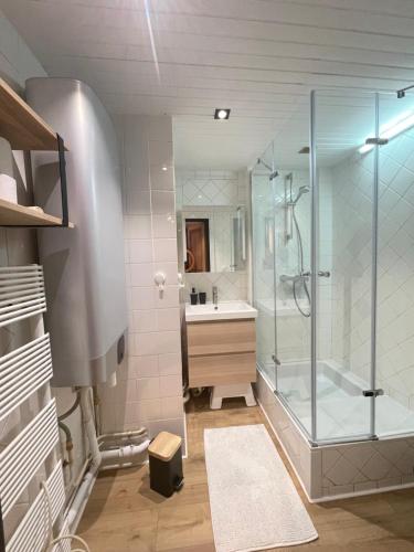 a bathroom with a shower and a sink at Appart centre station les 2 Alpes, parking, wifi in Les Deux Alpes