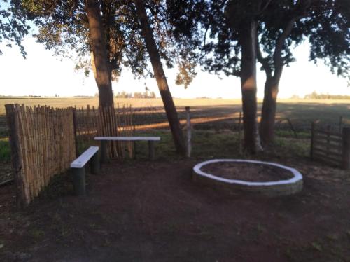 a park with a bench and a fence and trees at El Viejo Roble in Bragado
