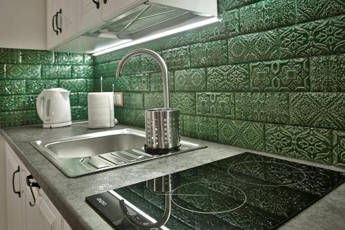 uma cozinha com um lavatório e papel de parede verde em Kosodrzewina - apartamenty rodzinne em Bukowina Tatrzańska
