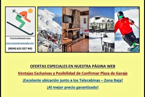 un collage de fotos de un hombre montando una tabla de snowboard en TODOSIERRANEVADA ZONA BAJA - EDIFICIO ATLAS - VISTAS A LA MONTANA - Junto a los Telecabinas en Sierra Nevada