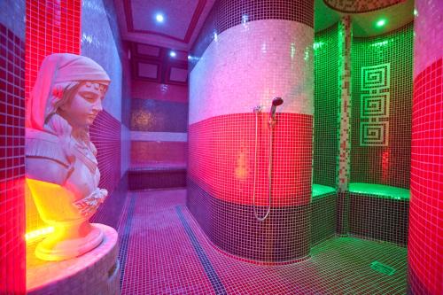 a bathroom with a shower with pink and green lights at Pałac Saturna in Czeladź
