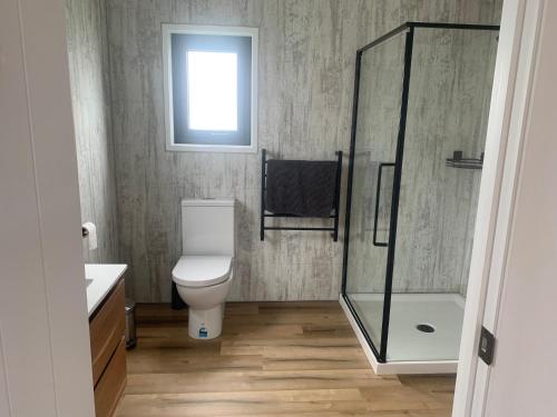 a bathroom with a toilet and a shower and a window at Hosts on the Coast Admirals Gold in Cooks Beach