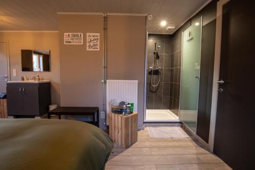 a bedroom with a shower and a bed and a bathroom at B&B De Oude Berg in Mol