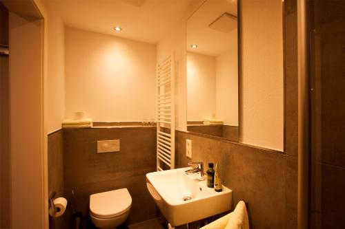 a bathroom with a sink and a toilet and a mirror at Landgasthof Schneider, Westfeld in Schmallenberg