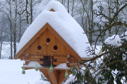 a bird house with snow on top of it at Landpension Heidi Machold in Weißenstadt