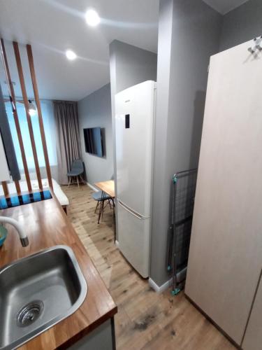 a kitchen with a sink and a refrigerator at CozyStudio in Obninsk
