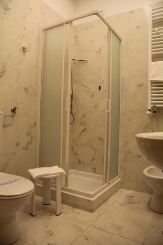 a bathroom with a shower and a toilet and a sink at Hotel Europa Fiera in Rho