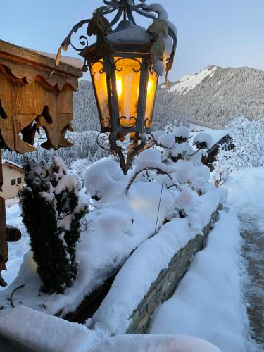 a street light covered in snow in a yard at Micro-lodge, Jardin Secret in Montriond