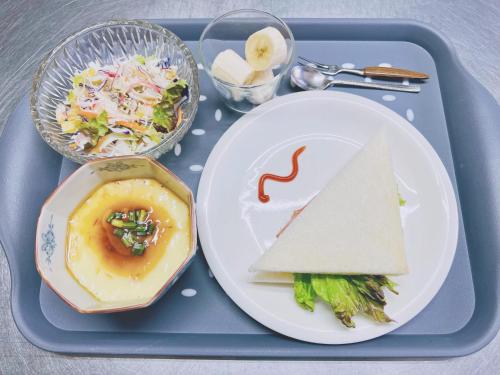 白马村Snow Elephant的盘子,盘子上放着一盘食物,三明治和沙拉