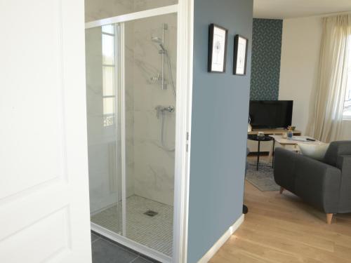 a bathroom with a shower with a glass door at T2 de 55m2 avec toit terrasse, hyper centre, wifi, draps, savons et serviettes fournis in Cognac