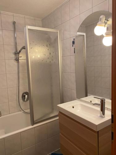 a bathroom with a shower and a sink and a mirror at Apart Ladner in See