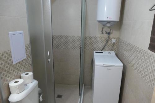 a small bathroom with a shower and a toilet at Nikol 2 Deluxe in Velingrad