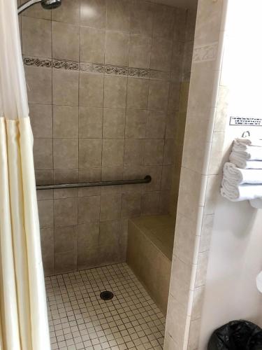 a bathroom with a shower with a shower curtain at Morro Crest Inn in Morro Bay