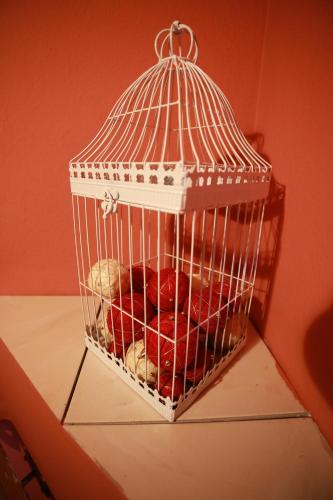 a bird cage with some food inside of it at Rustika Sobe in Osijek