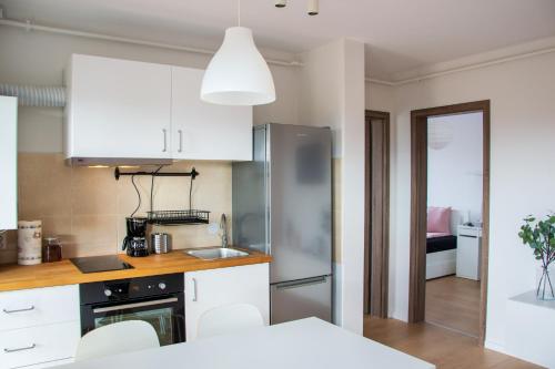 a kitchen with white cabinets and a stainless steel refrigerator at FLH - Pink Panther in Sibiu