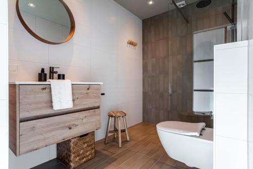 a bathroom with a sink and a toilet and a mirror at Spacious Luxury Loft in Zandvoort