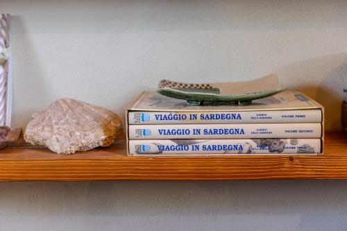 a shelf with a stack of books and a rock at Ladiri - Antica dimora in terra cruda in Sìnnai