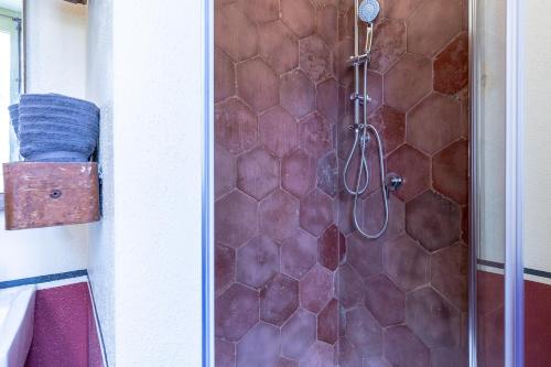 a shower with a glass door in a bathroom at Ladiri - Antica dimora in terra cruda in Sìnnai