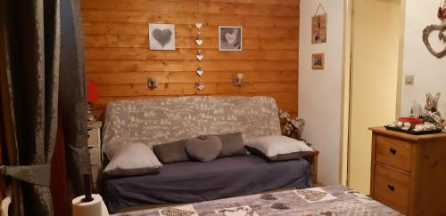 a bedroom with a bed and a wooden wall at Valloire Studio Marmotte : Nid douillet centre de valloire, été / hiver 4p in Valloire