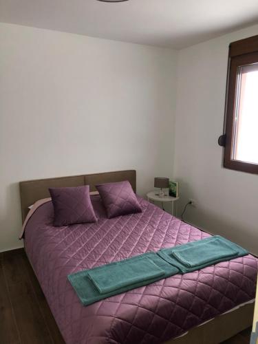 Guest house Elena في مويكوفاتش: غرفة نوم مع سرير أرجواني مع وسائد أرجوانية