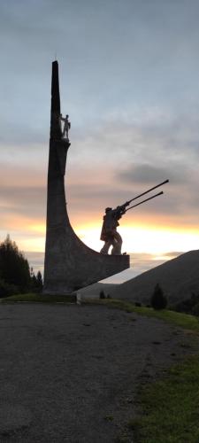 a statue of a gun with the sunset in the background at Villa Opir in Skole