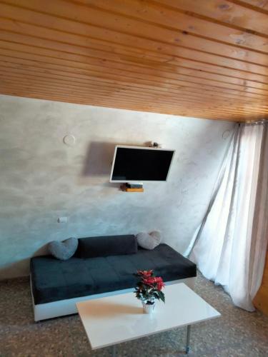 a living room with a couch and a flat screen tv at Popasul Dacilor in Predeluţ