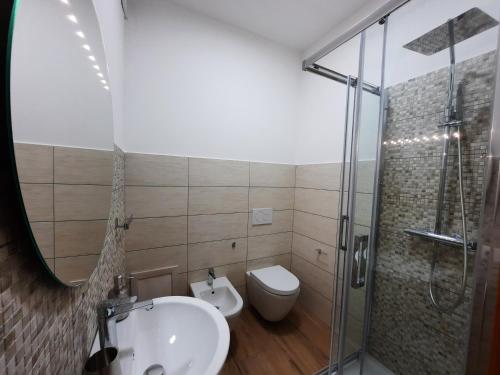 a bathroom with a toilet and a sink and a shower at Affittacamere Su Maistu e Linna in Cardedu