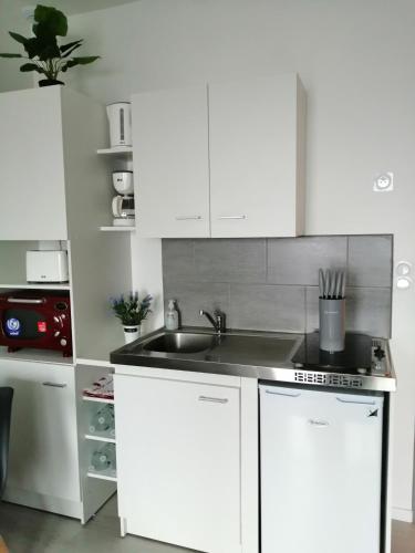 a kitchen with white cabinets and a sink at STUDIO NOYANT VILLAGES in Noyant