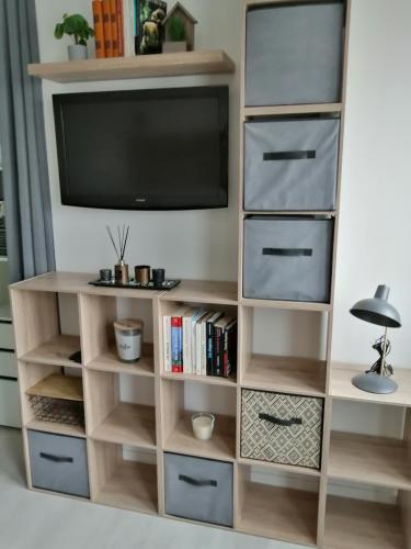 ein Entertainment-Center mit Schubladen und einem Flachbild-TV in der Unterkunft STUDIO NOYANT VILLAGES in Noyant