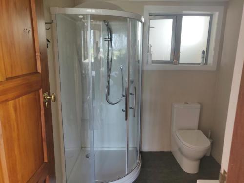 a bathroom with a shower and a toilet at Bramley's Stables and Accommodation in Rangiora