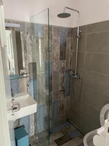 a bathroom with a shower and a sink at Vrahos in Kardamaina