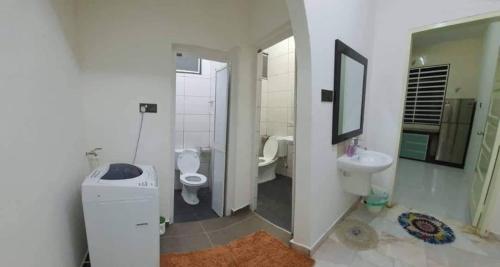 een badkamer met een toilet, een wastafel en een spiegel bij Sunrise Homestay in Alor Setar