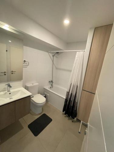 a bathroom with a sink and a toilet and a bath tub at DEPARTAMENTOS ESPACIO PUCON in Pucón