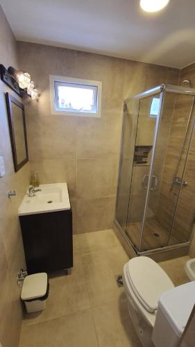 a bathroom with a shower and a sink and a toilet at Bahia's flat in Ushuaia