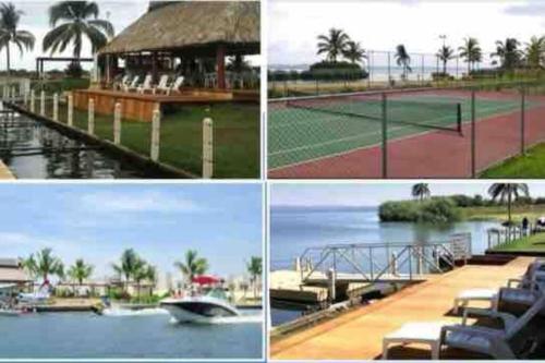 a collage of four pictures of a tennis court and a boat at Acapulco Marina diamante departamento con alberca y club náutico in Acapulco