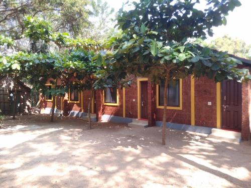 a group of trees in front of a building at Palm Beach Resort in Kumta