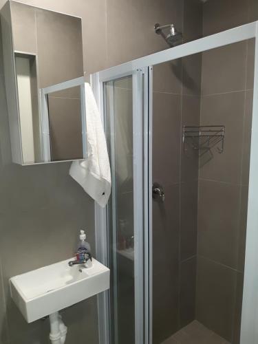 a bathroom with a shower and a sink and a mirror at The Pool Cottage in Fish hoek