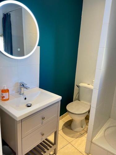 a bathroom with a sink and a toilet and a mirror at République - Grande la Réal in Perpignan