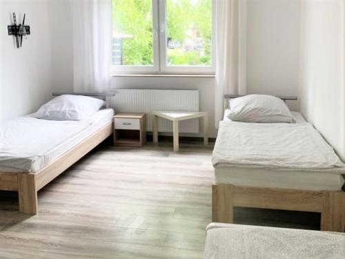 een slaapkamer met 2 bedden en een raam bij Work & Stay Troisdorf in Troisdorf