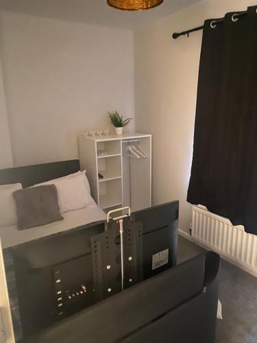 a living room with a couch and a bed at Stylish and Convenient in Belfast