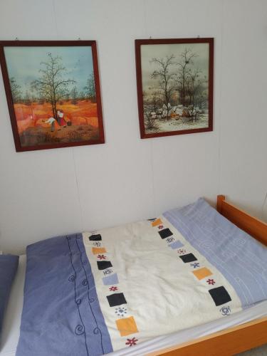 a bed in a bedroom with two pictures on the wall at Haus an der Radau in Bad Harzburg