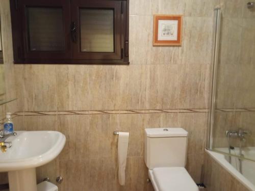a bathroom with a white toilet and a sink at Casa Rural Blascosancho in Blascosancho