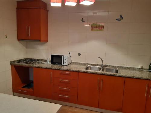 a kitchen with a sink and a microwave at Quintinha dos Queiroses in Vila Boa de Quires