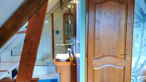 ein Badezimmer mit einem Waschbecken und einer Holztür in der Unterkunft La villa du lac d'orient in Géraudot