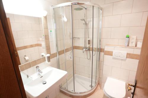 a bathroom with a shower and a sink and a toilet at Pension Dachsteinhof in Ramsau am Dachstein