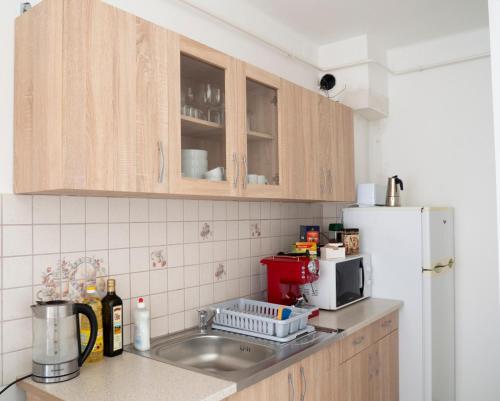 Una cocina con fregadero y refrigerador blanco. en KeramikArt-Wohnung, en Pécs