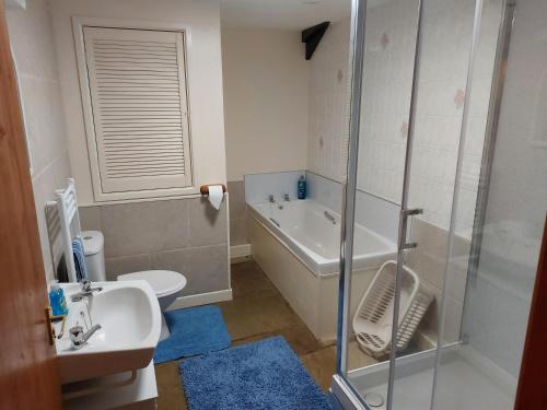 ein Badezimmer mit Dusche, Waschbecken und Toilette in der Unterkunft Sharlands Farm Holiday Cottages in Bude