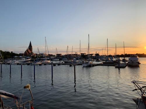 a group of boats docked in a marina at sunset at gut-Hotel Pommernhotel Barth in Barth