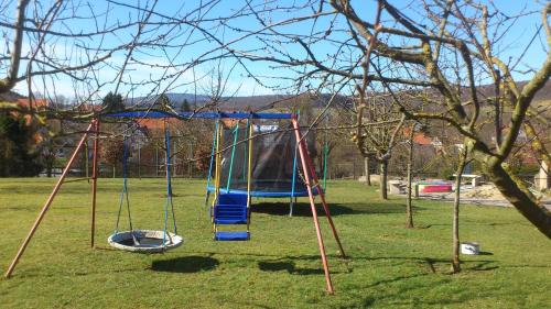 a playground with a blue swing in a park at Villa Bellevue in Waldkappel