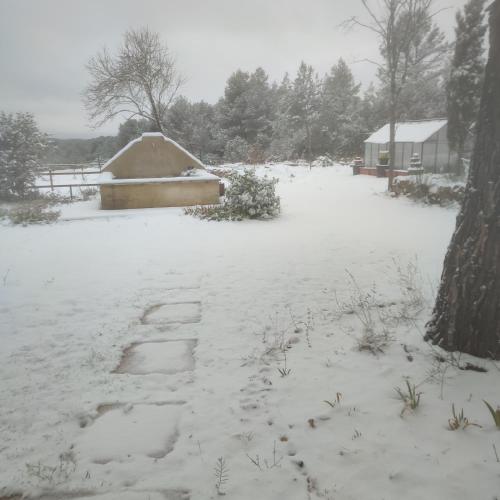 a yard covered in snow with a house in the background at La Margottière chez isa et titi in Rians